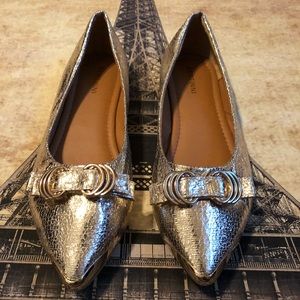 BERTINNI METALLIC GOLD BOW POINTED TOE FLATS GOOD